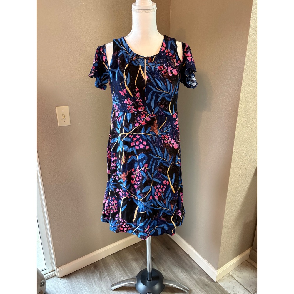 Maeve Anthropologie Cold Shoulder Floral Dress Black‎ Blue Pink Size 12 Keyhole